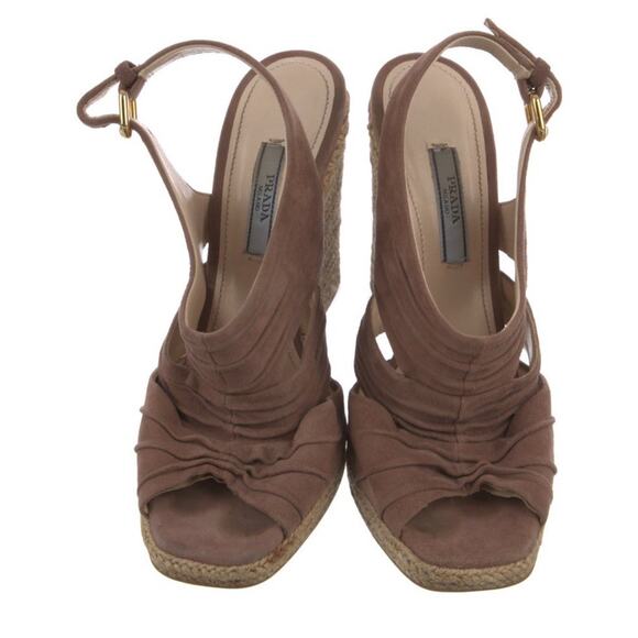 PRADA Platform Wedge Sandal Espadrilles Suede Beige Tan Strappy Size US 7/EU 37 - Picture 2 of 5